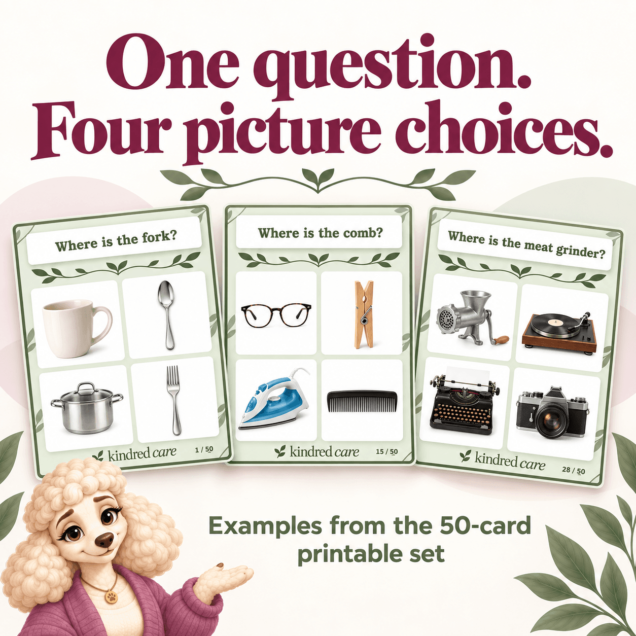 Three Find the Object cards showing a fork, a comb, and a meat grinder among four picture choices.
